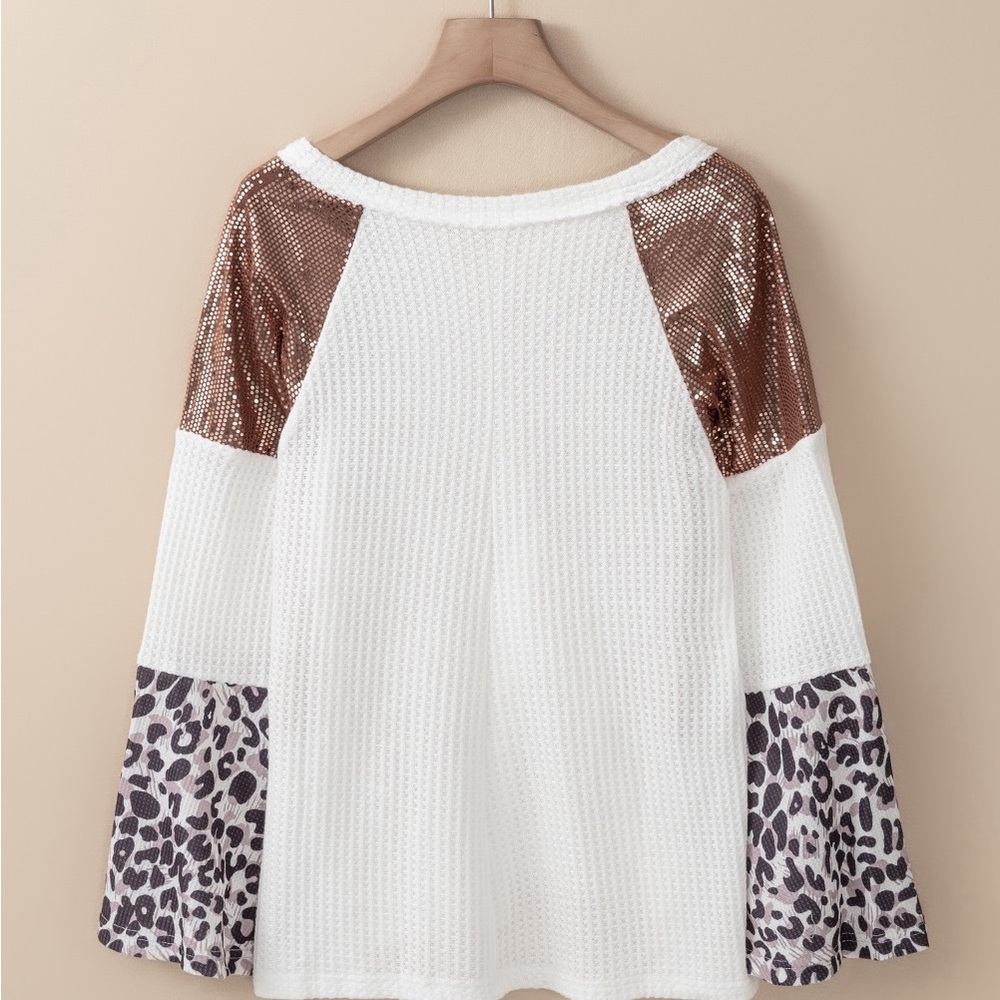 White Sequin Patchwork Bell Sleeve V Neck Tunic Top Bohemian Blouse - Picture 7 of 13